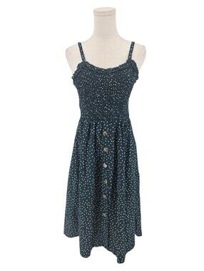 Coeur de Vague Polka Dot Smocked Midi Dress Pockets Teal Green Size L